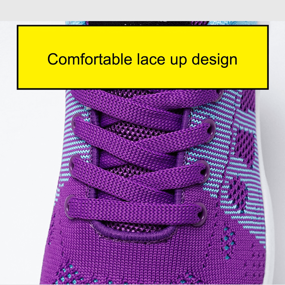 Purple lace-up running shoe with breathable design and comfort features highlighted.